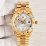 Replica Rolex Day Date II Gold Presidential Watch 41MM Silver Dial Diamond Bezel